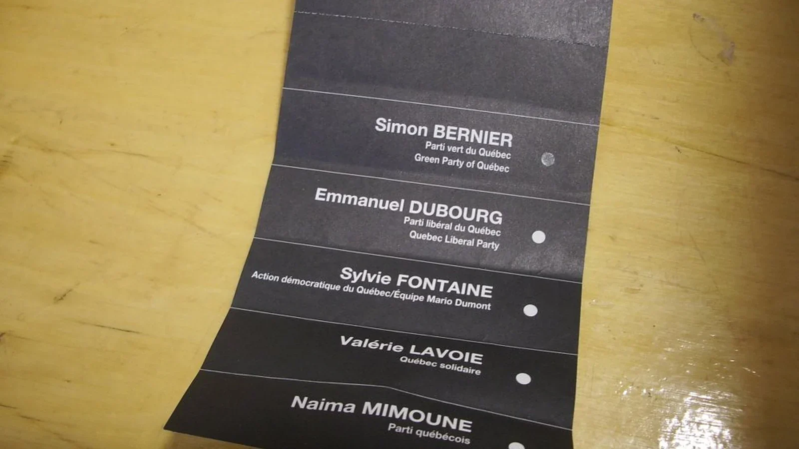 Un bulletin de vote québécois lors de l'élection générale de 2007.
